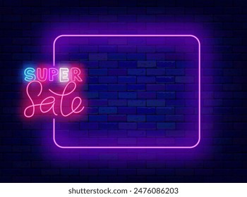 Super sale neon poster. Extra discount. Special offer invitation. Shiny greeting card. Empty purple frame and lettering. Glowing shopping banner. Editing text. Copy space. Vector stock illustration