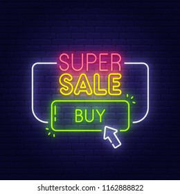 Super Sale neon sign, bright signboard, light banner.  Discounts logo, emblem. Vector illustration