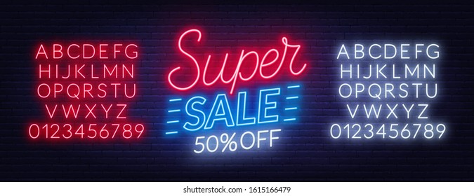 Super sale neon sign on dark background. Template for design.