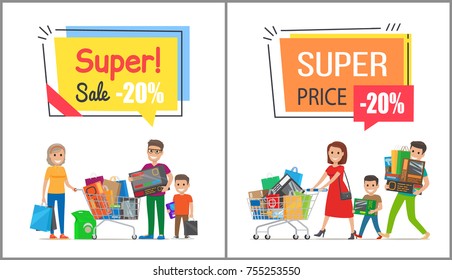 Super sale with nice price promo posters. Happy families spend time together on shopping and carry full trolleys with goods vector illustrations.