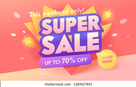 Super Sale Offer 3d Pink Banner. Promotion Discount Poster Design. Advertising Digital Campaign Typography Badge. Shop Now Deal Sticker Layout Vector Illustration