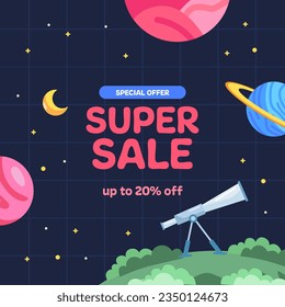 Super Sale ofrece promoción de banners para niños y niños con el concepto de tema de astronomía del planeta espacial