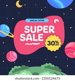 Super Sale offer banner promotion for kid and children with space planet astronomy theme concept