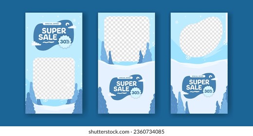 Super sale offer banner promotion stories social media post winter season blue cold christmas
