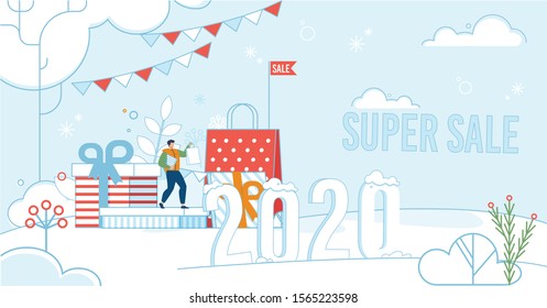 Super Sale Offer during Christmas 2020 New Year Celebration. Flat Poster with Winter Natural Design. Tiny Man with Shopping Bags among Huge Presents. Holidays Decoration. Vector Cartoon Illustration