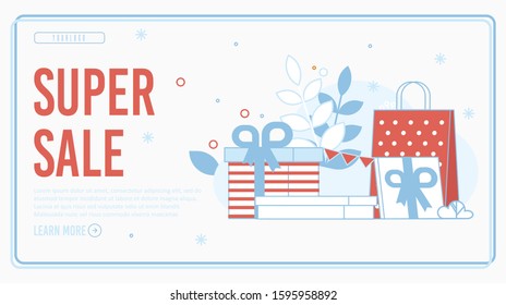 Super Sale Offer on Landing Page in Frame. Editable Text and Company Logo Place. Festive Wrapping with New Year Gifts and Christmas Presents. Shopping Online with Discount. Vector Flat Illustration