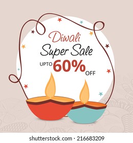 Super sale offer poster, banner or flyer design with illuminated oil lit lamp on abstract background. 