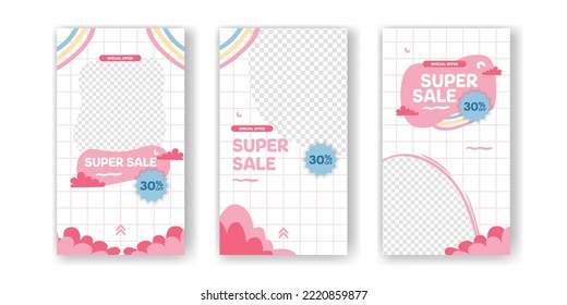 Super Sale offer promotion social media stories template for discount for kid children baby with cute kawaii abstract with memphis element