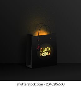 Super Sale on Black Friday. Realistic package with golden lettering and bright light on a black background. Vector illustration.