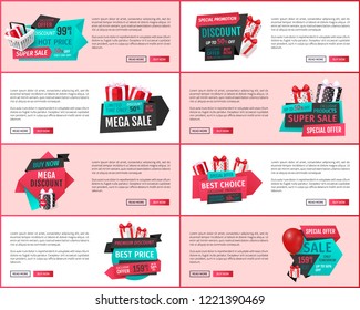 Super sale online banners, gift boxes and shopping basket. Special offer, holiday discount, off or price reduction, website pages vector illustrations