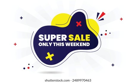 Super sale only this weekend banner template design with white background, blue, yellow, and red shapes elements perfect for eye catching promotions and special offers.
