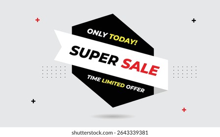 Super sale only today time limited web banner vector art illustration template design with black white shapes and light gray abstract background perfect for modern promotions and unique marketing visu