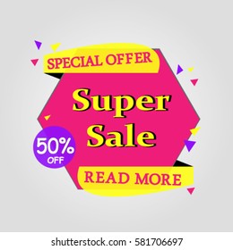 Super Sale paper banner. 50% off. Vector illustration. Special offer. 