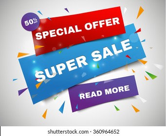 Super Sale paper banner. Sale background. Super Sale and special offer. 50% off. Vector illustration