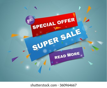 Super Sale paper banner. Sale background. Super Sale and special offer. 50% off. Vector illustration