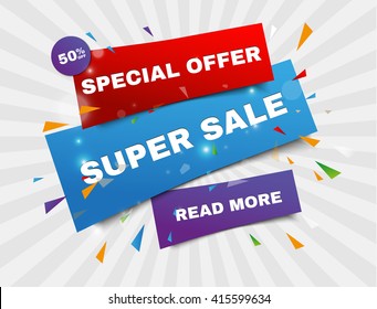 Super Sale paper banner. Sale background. Super Sale and special offer. 50% off. Vector illustration