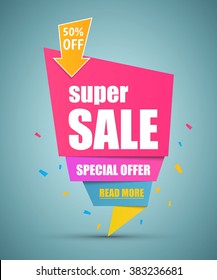 Super Sale paper banner. Special offer. Vector illustration