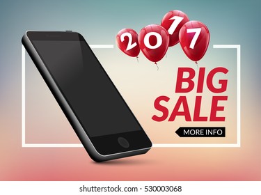 Super sale phone banner. Mobile clearance sale discount poster. End of year smartphone sale. Marketing special offer promotion