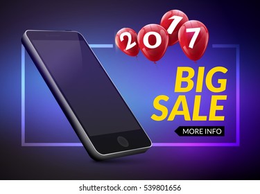 Super sale phone banner. Mobile clearance sale discount poster. End of year smartphone sale. Marketing special offer promotion.