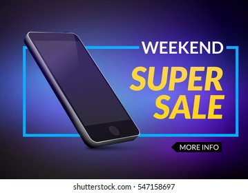 Super sale phone banner. Mobile clearance sale discount poster. Smartphone sale. Marketing special offer promotion.