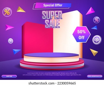 Super Sale Podium With 50% Discount Offer On Purple Background. Vector illustration