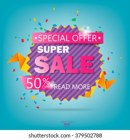 Super Sale poster, banner. Big sale, clearance. 50% off. Vector illustration.