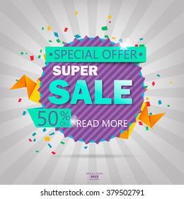 Super Sale poster, banner. Big sale, clearance. 50% off. Vector illustration.