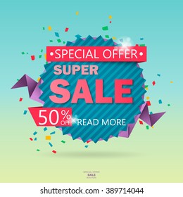 Super Sale poster, banner. Big sale, clearance. 50% off. Vector illustration.