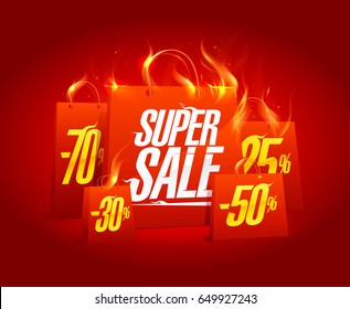 Super sale poster banner with red burning paper shopping bags, clearance coupon vector design