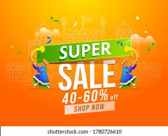 Super Sale Poster Design With 40-60% Discount Offer And Tutari Player Men On Line Art Red Fort Saffron Background.