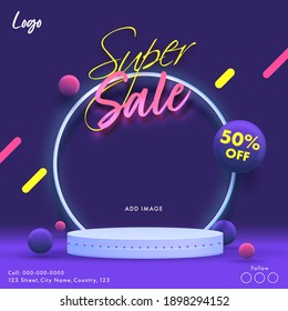 Super Sale Poster Design With 50% Discount Offer On Purple Background.