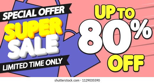 Super Sale, poster design template, special offer, up to 80% off, vector illustration