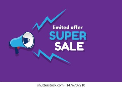 Super Sale, poster design template. megaphone, purple and blue color