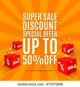 Super sale poster with red boxes. Discount poster, special offer. Sale background. Sale orange banner. Sale image. Vector illustration, eps 10