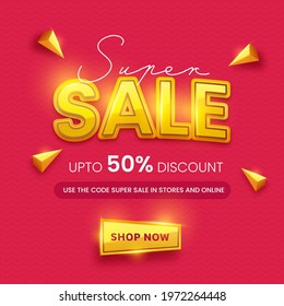 Poster De Superventa O Diseño De Plantilla Con Oferta De Descuento Del 50% Y Elementos Triangulares 3D En Fondo De Patrón Ondulado Oscuro Rosa.
