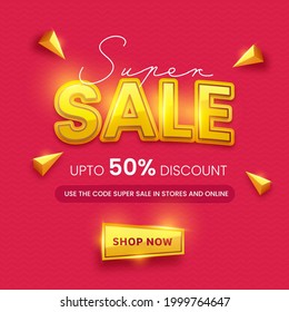 Poster De Superventa O Diseño De Plantilla Con Oferta De Descuento Del 50% Y Elementos Triangulares 3D En Fondo De Patrón Ondulado Oscuro Rosa.