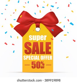 Super Sale poster template. Vector illustration. Price tag or label with red ribbon and bow with confetti pieces