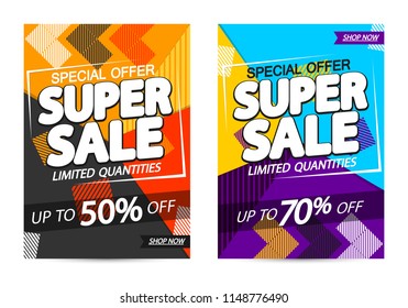 Super Sale posters design template, special offer, discount up to 50% 70% off, vector illustration