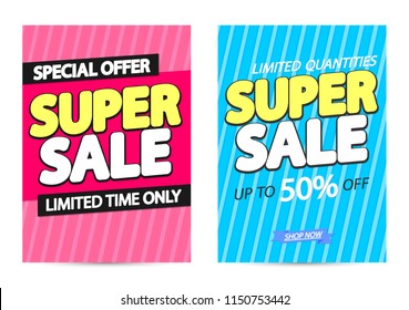 Super Sale posters design template, special offer, discount up to 50% off, vector illustration