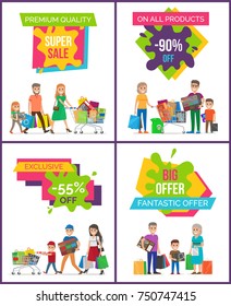 Super sale premium quality set of four posters with discount clearance on colorful stickers. Vector illustration contains happy families with purchases