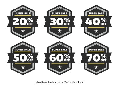 super sale, price discount 20 30 40 50 60 70 percent off – label sticker set – vector illustration