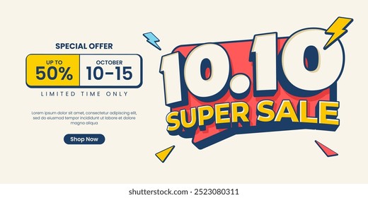 Super sale promo banner with discount offer. 10 10 shopping festival super sale banner. Modern super sale special offer promotion banner for social media post or website banner. Flash sale campaign