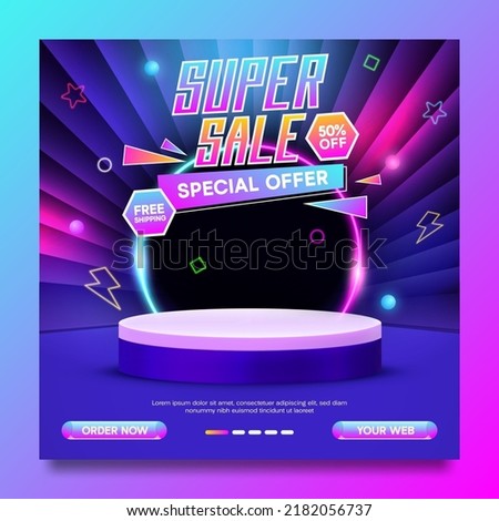 Super sale promo banner neon style template on abstract background