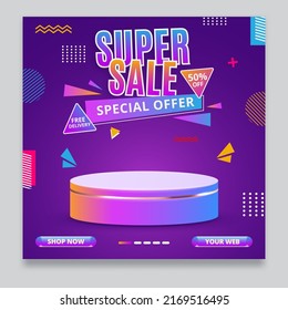 Super sale promo banner template with podium and abstract background