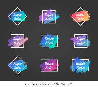super sale promo phrase. super sale stock vector illustrations with painted gradient brush strokes over square frames for advertising labels, stickers, banners, leaflets, badges, tags, posters