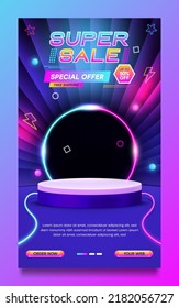 Super sale promo poster or stories neon style template