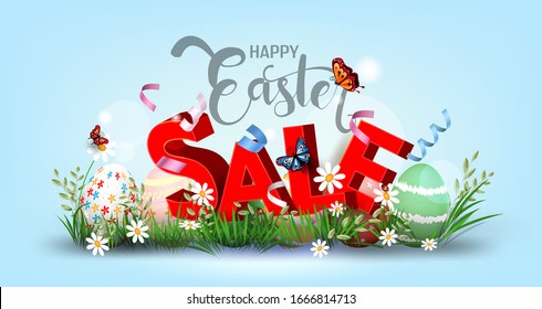 Promoción de superventa, banner promocional del Día de Pascua, afiche o volante Vector 3D para el diseño.