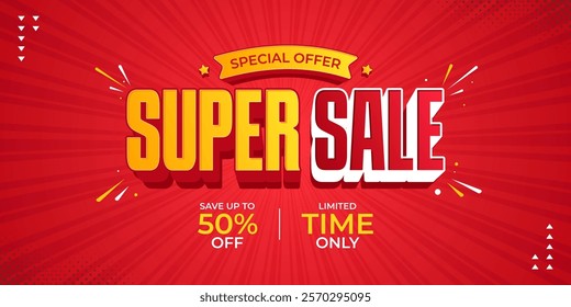 Super sale promotional banner. Super sale promo with discount offer for online shopping, special offer, voucher, website, social media advertising