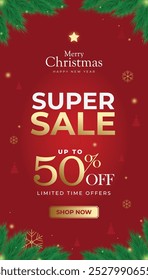 Super sale promotion-themed poster with Christmas tree pine leaves decoration on a red background.