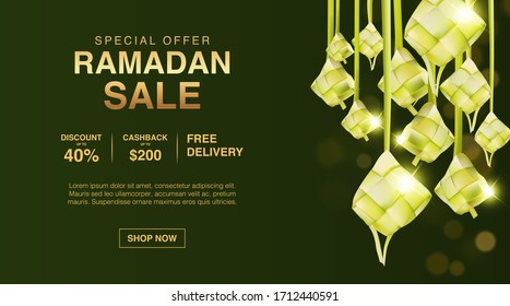 Super Sale Ramadan banner, brochure or background template with 3d realistic traditional food named ketupat. Islamic background design template Vector Illustration